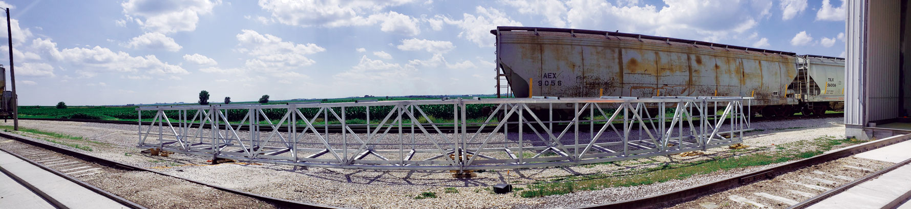 <b>This panoramic image shows a bridge section prior to installation at the Iowa Corn Processors plant in Glidden, Iowa, where Carl A. Nelson & Company is the construction manager at-risk for a rail loadout sifting project.</b> (CANCO photo by Chris Clark)