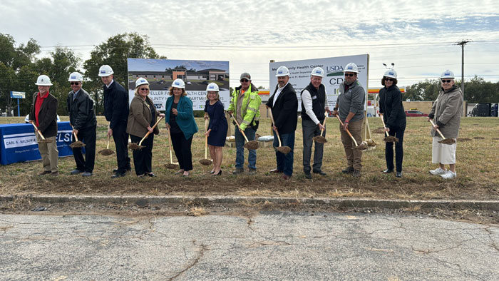 <b>County officials, representatives of the Lee County Health Department, Lee County EMS, the Meller family, the design and construction team, were among participants in an Oct. 14, 2024, groundbreaking to kick off construction of the new Lee County Health and EMS building in Fort Madison, Iowa.</b> (CANCO)