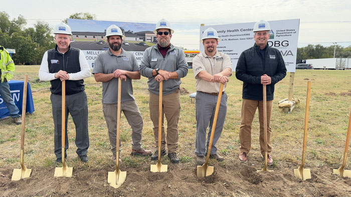 <b>Robert Ormsby, left, of SVPA Architects in West Des Moines, joins Carl A. Nelson & Company project team members (L-R), Superintendent Marcus DePalma, Project Managers Ryan Harris and Matt Shaner, and Project Executive Dan Culp, for a photo following the Lee County Health and EMS groundbreaking ceremony in Fort Madison, Iowa.</b> (CANCO)