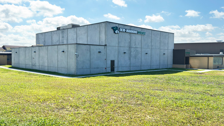 An exterior view of the new IKM-Manning Middle School/High School gym and STEM addition.