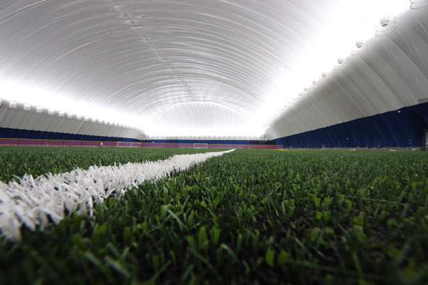Indoor view of the FunCity Turf air-supported athletic dome in Burlington, Iowa.